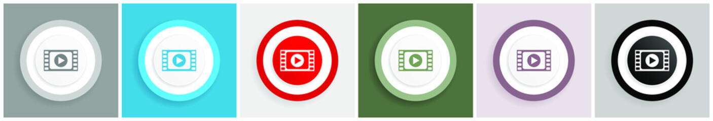 Aufkleber - Play video icon set, colorful flat design vector illustrations in 6 options for web design and mobile applications