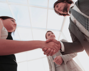 Wall Mural - Businesspeople shaking hands against room with large window loo