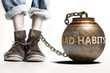 Bad habits can be a big weight and a burden with negative influence - Bad habits role and impact symbolized by a heavy prisoner's weight attached to a person, 3d illustration