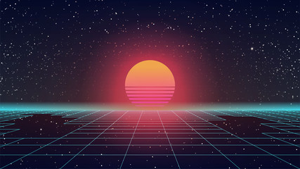 Wall Mural - synthwave retro sun. 80s style sunset. blue perspective grid with gaps. huge orange glowing. old gam