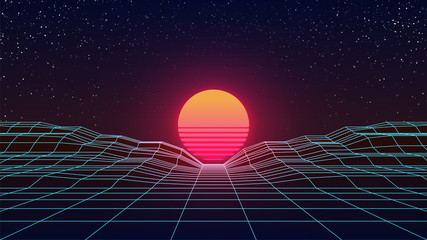 Wall Mural - synthwave sunset. retro futuristic sun on blue wireframe landscape. 80s style background. starry sky