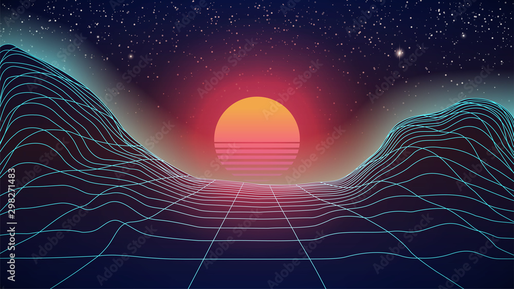 Synthwave Sunset on wireframe landscape. 80s style dark background. Big orange Sun with red glowing on starry sky. Virtual 3d scene. Perspective grid. Retro Futuristic look. Stock vector illustration - obrazy, fototapety, plakaty 