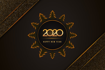 Wall Mural - happy new year 2020 text design with golden numbers and christmas trees on glittering black backgrou