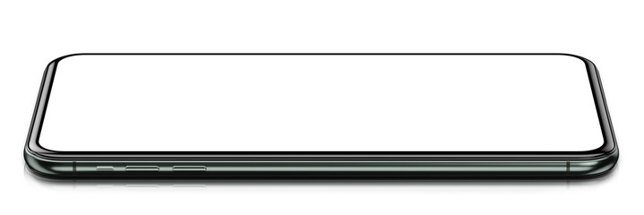 Wall Mural - smartphone pro frameless blank screen lying on flat glossy surface mockup template perspective view,