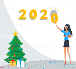 Wall Mural - holiday greeting card for merry christmas and happy new year 2020 with golden numbers, young busines