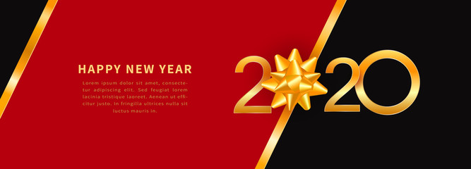 Wall Mural - happy new year 2020 greeting card text design with shiny gold numbers and golden ribbon gift bow on 
