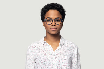 head shot portrait beautiful young african american woman in glasses
