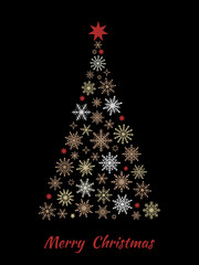 Christmas tree made from snowflakes isolated on black background. Vector illustration.