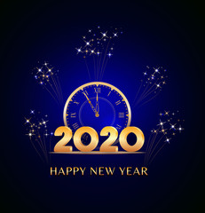 Wall Mural - happy new year 2020 text design with golden numbers and vintage clock countdown on dark blue backgro