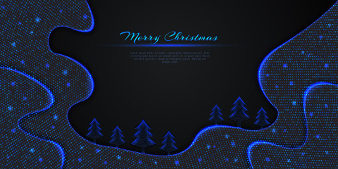 Wall Mural - merry christmas, happy new year greeting card design with christmas trees on glittering blue vector 