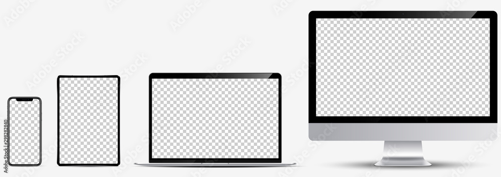 Device screen mockup. Smartphone, tablet, laptop and monoblock monitor, with blank screen for you design. Vector EPS10 - obrazy, fototapety, plakaty 