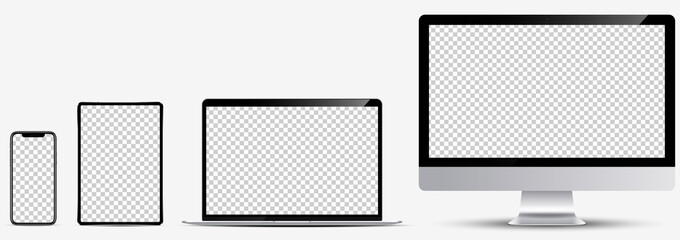 device screen mockup. smartphone, tablet, laptop and monoblock monitor, with blank screen for you de