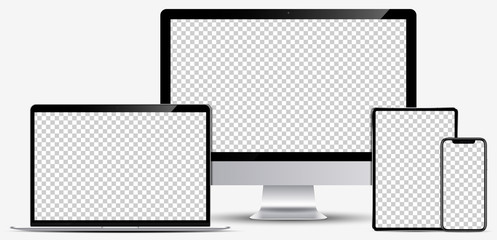 Wall Mural - device screen mockup. smartphone, tablet, laptop and monoblock monitor, with blank screen for you de