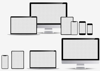 Wall Mural - Device screen mockup. Smartphone, tablet, laptop and monoblock monitor, with blank screen for you design. Vector EPS10