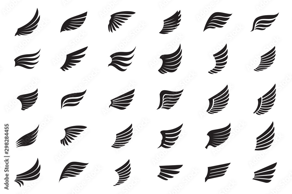 Big Collection of white Wings. Vector Illustration and outline Icons. - obrazy, fototapety, plakaty 