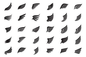 big collection of white wings. vector illustration and outline icons.