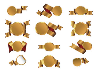 Set of golden ribbons, stickers and graphic elements. Vector Illustration