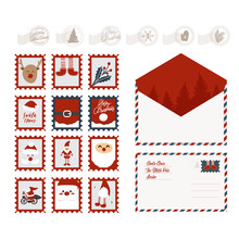Set Of Christmas Postage Stamps, Stamps And Envelopes.