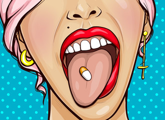 Pill on tongue, woman face with open mouth and red lips demonstrate drug lying in oral cavity close up view. Girl eat medication, health care or addiction pop art retro comic book vector illustration