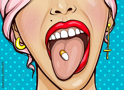 Fotomural Pill on tongue, woman face with open mouth and red lips demonstrate drug lying in oral cavity close up view