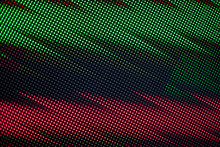 Abstract Colorful Parallel Zigzag Lines Texture Background, Green And Red Neon Light Zig Zag Stripes On Black Backdrop, Decorative Bright Dots Ornament, Geometric Digital Graphic Pattern, Copy Space