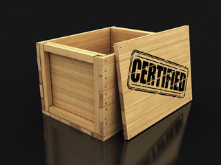 Sticker - Wooden crate with stamp Certified. Image with clipping path