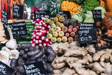 Vegetables food on sale at stall on Borough Market in London