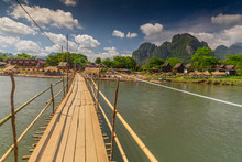 Wooden Bridge Over Nam Song River, Vang Vieng Village, Laos.