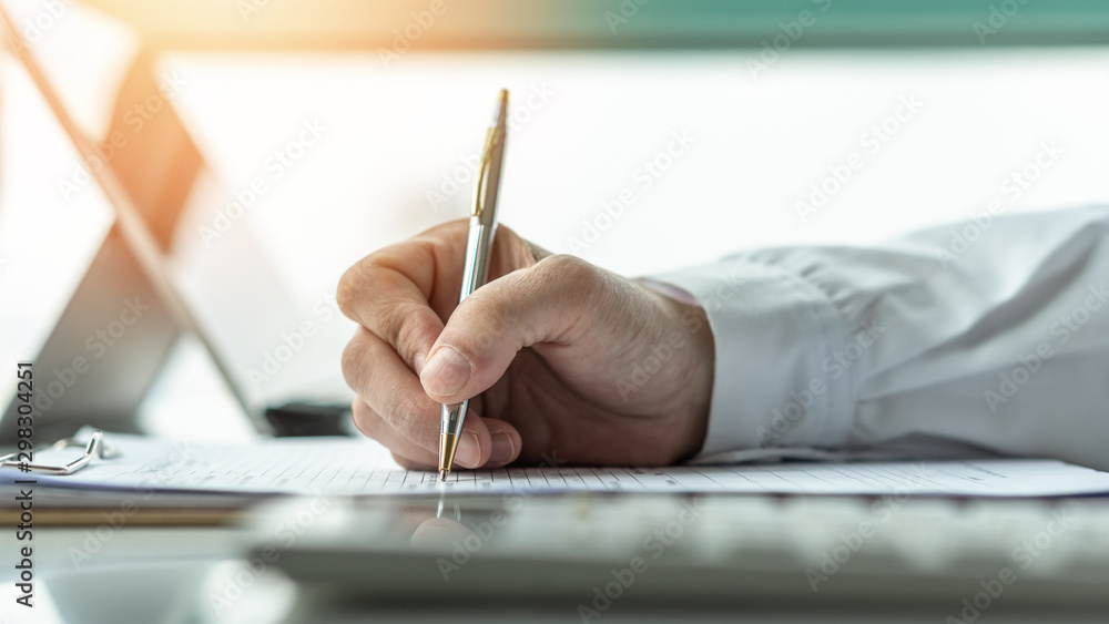 Paperwork document, claim form with business applicant or administrative person filling in company agreement or legal contract paper applying for job, or registering for health insurance - obrazy, fototapety, plakaty 