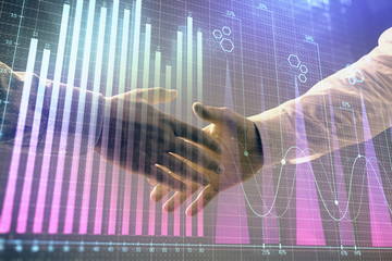 Multi exposure of forex graph on abstract background with two businessmen handshake. Concept of success on stock market