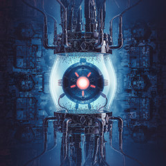 Wall Mural - artificial intelligence generator / 3d illustration of science fiction scene showing glowing orb ins
