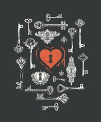 Vector greeting card or banner on the theme of love and Valentine day with hand-drawn vintage keys, keyholes and red heart with blood in retro style. The keys to the heart.