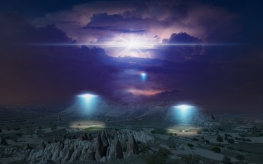 Wall Mural - alien ships inspect planet's surface with bright spotlights, thunderclouds are illuminated by lightn