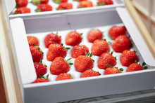 Japanese Strawberries. A Box Of Beautiful Japanese Strawberries At A Japanese Super Market.
