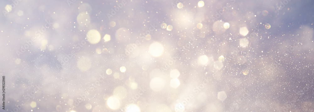 abstract backgrounf of glitter vintage lights . silver and white. de-focused. banner - obrazy, fototapety, plakaty 
