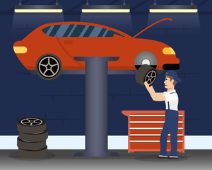 Canvas Print - man mechanic working in car changing tyre