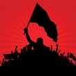 silhouette of protesters with flags on red background