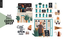 Coffee Shop - Small Business Illustrations - Set - Modern Flat Vector Concept Illustration Of A Coffee Shop Owner Wearing Apron, Shop Facade, Barista Woman, Bar Counter, Coffee Maker, Plants, Elements