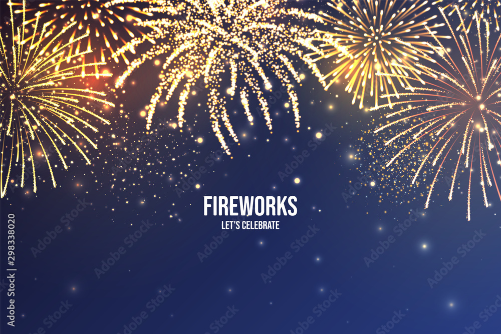Festive fireworks. Realistic colorful firework on blue abstract background. Multicolored explosion. Christmas or New Year greeting card. Diwali festival of lights. Vector illustration. - obrazy, fototapety, plakaty 