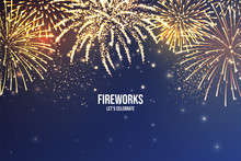 Festive Fireworks. Realistic Colorful Firework On Blue Abstract Background. Multicolored Explosion. Christmas Or New Year Greeting Card. Diwali Festival Of Lights. Vector Illustration.