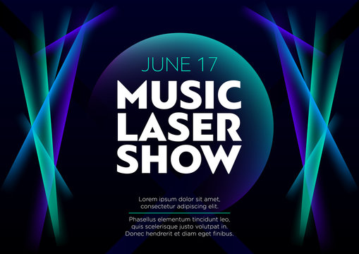 Horizontal music laser show poster with bright color graphic elements, dark background and text. 