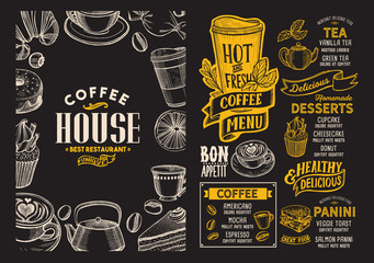 Coffee drink menu template for restaurant with doodle hand-drawn graphic.