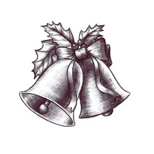  Beautiful Silver Christmas Bells With Holly Leaves And Berries And A Cute Ribbon In A Black And White Hand Drawn Sketch Design. 