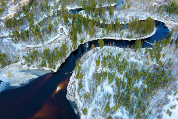 Wall Mural - Winter landscape. Aerial view. Landscape with  winding freezing river