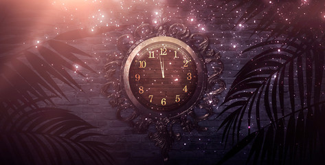 Wall Mural - dark room, spotlight, rays. old clock in a metal frame. old brick wall, neon light. empty room scene