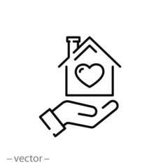 Wall Mural - heart house icon, lovely home, hand holding house with heart, thin line web symbol on white backgrou