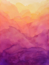 Beautiful Hues Of Yellow Gold Pink And Purple In Hand Painted Watercolor Background Design With Paint Bleed And Fringing In Colorful Sunrise Or Sunset Colors In Cloudy Shapes