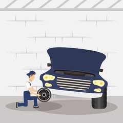 Canvas Print - man mechanic working in car changing tyre