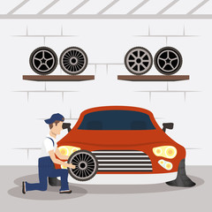 Canvas Print - man mechanic working in car changing tyre