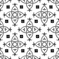 Seamless medieval pattern. Gothic style background. Abstract floral motif. Vector illustration in black and white.